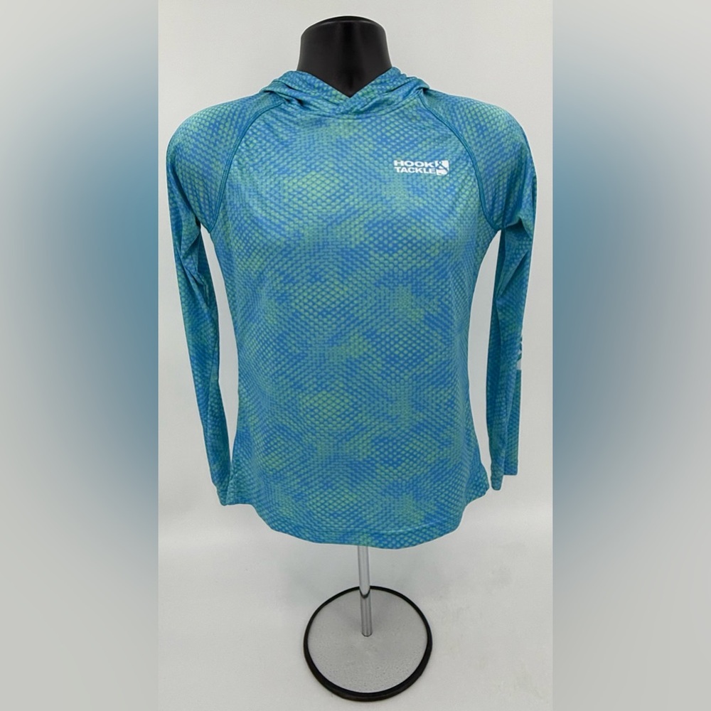 Hook & Tackle Hooded Fishing Shirt UPF 50+ Men's Small S Aqua & Green Fish Scale